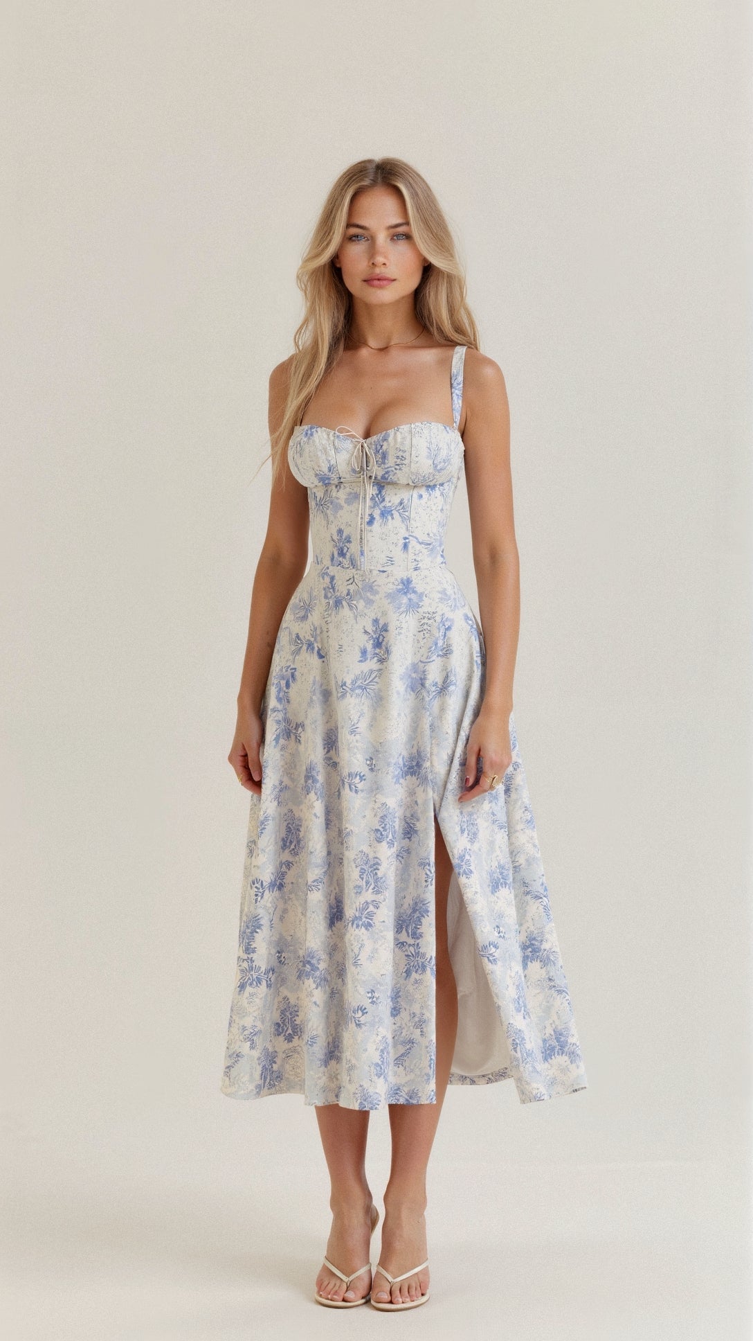 Women's Elegant Figure-Flattering Corset Midi Dress with Fitted Bodice and Flowing Skirt-Summer Dress-Blue-S-