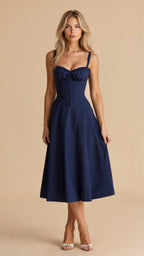 Women's Elegant Figure-Flattering Corset Midi Dress with Fitted Bodice and Flowing Skirt-Summer Dress-Navy Blue-S-