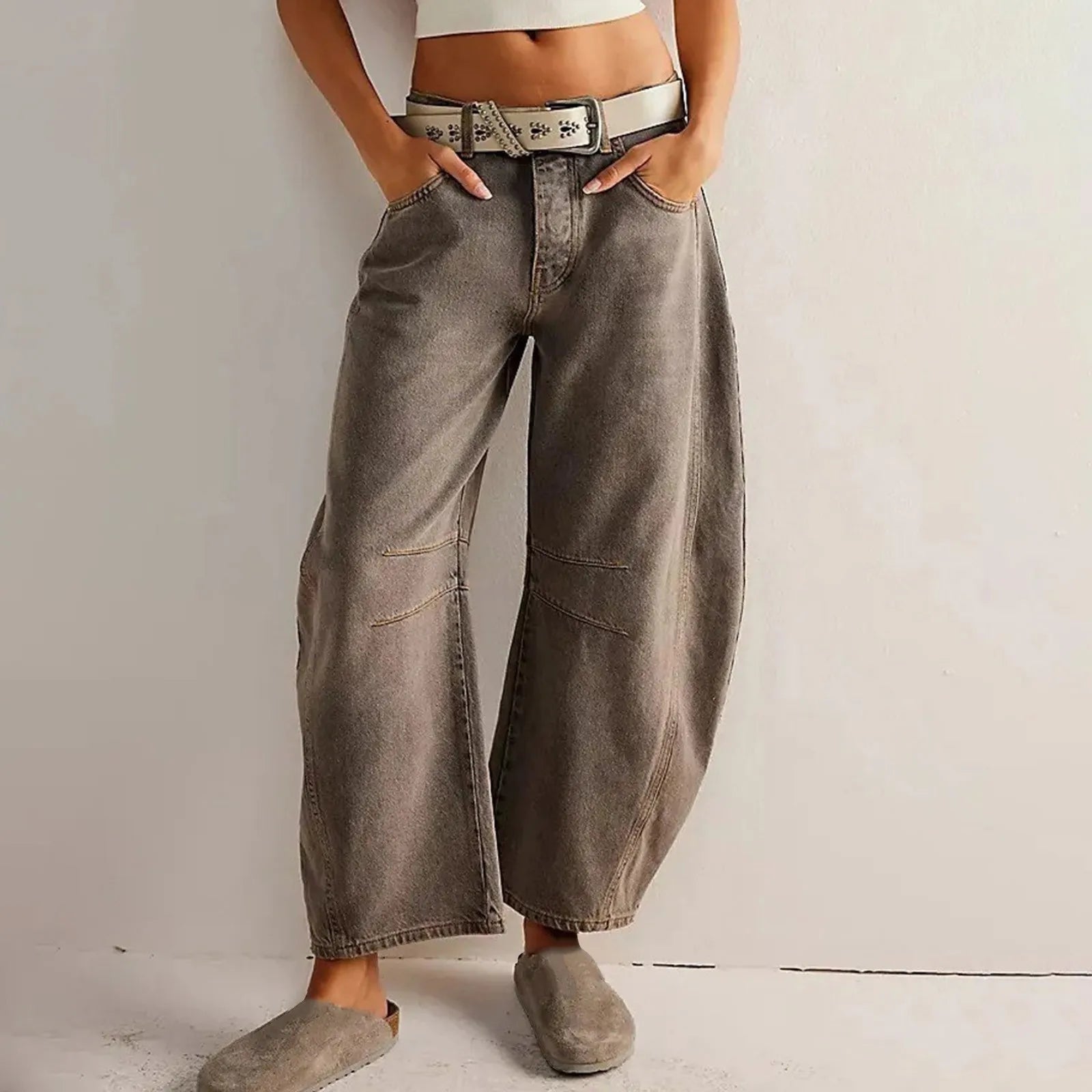 Roséa | Wide Leg Jeans for Women – Washed Denim Cropped Fit-Women's Jeans-Taupe Gray-S-Camoufit
