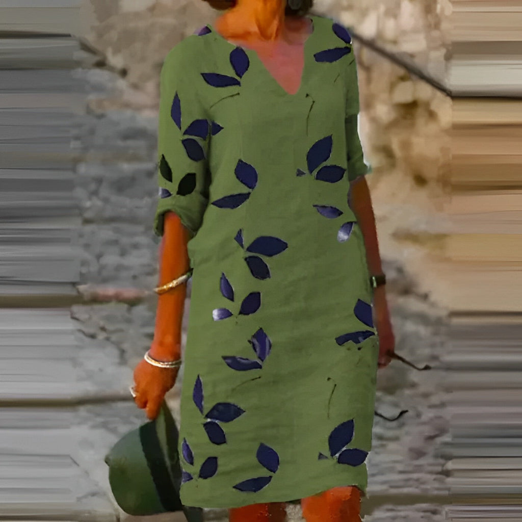 Mavis Women's Mini Dress - Vintage V-Neck Short Sleeve Summer Style-Floral Printed Dress-Green-XS-Camoufit