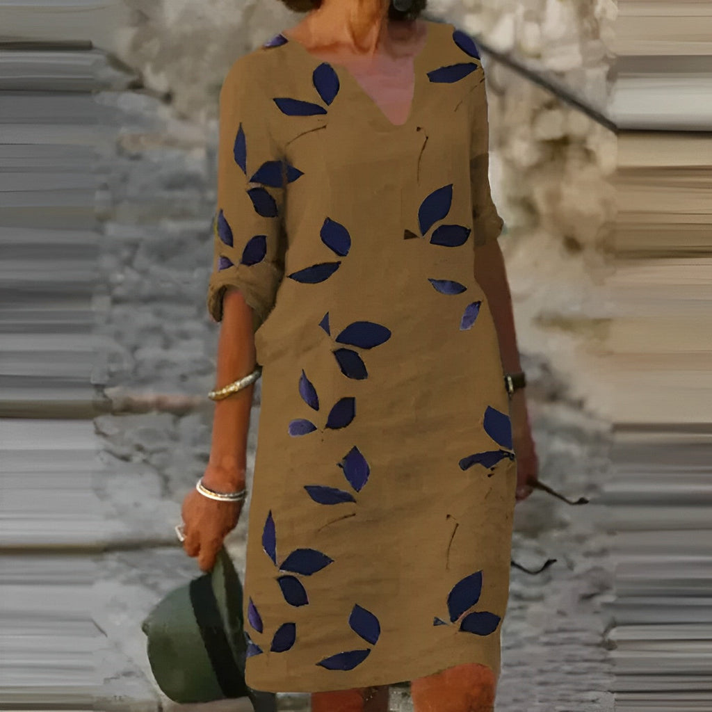 Mavis Women's Mini Dress - Vintage V-Neck Short Sleeve Summer Style-Floral Printed Dress-Brown-XS-Camoufit