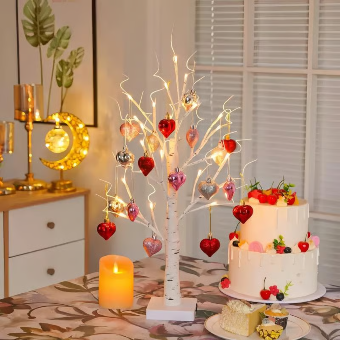 LED birch tree with warm-white lights and red/pink/silver heart ornaments