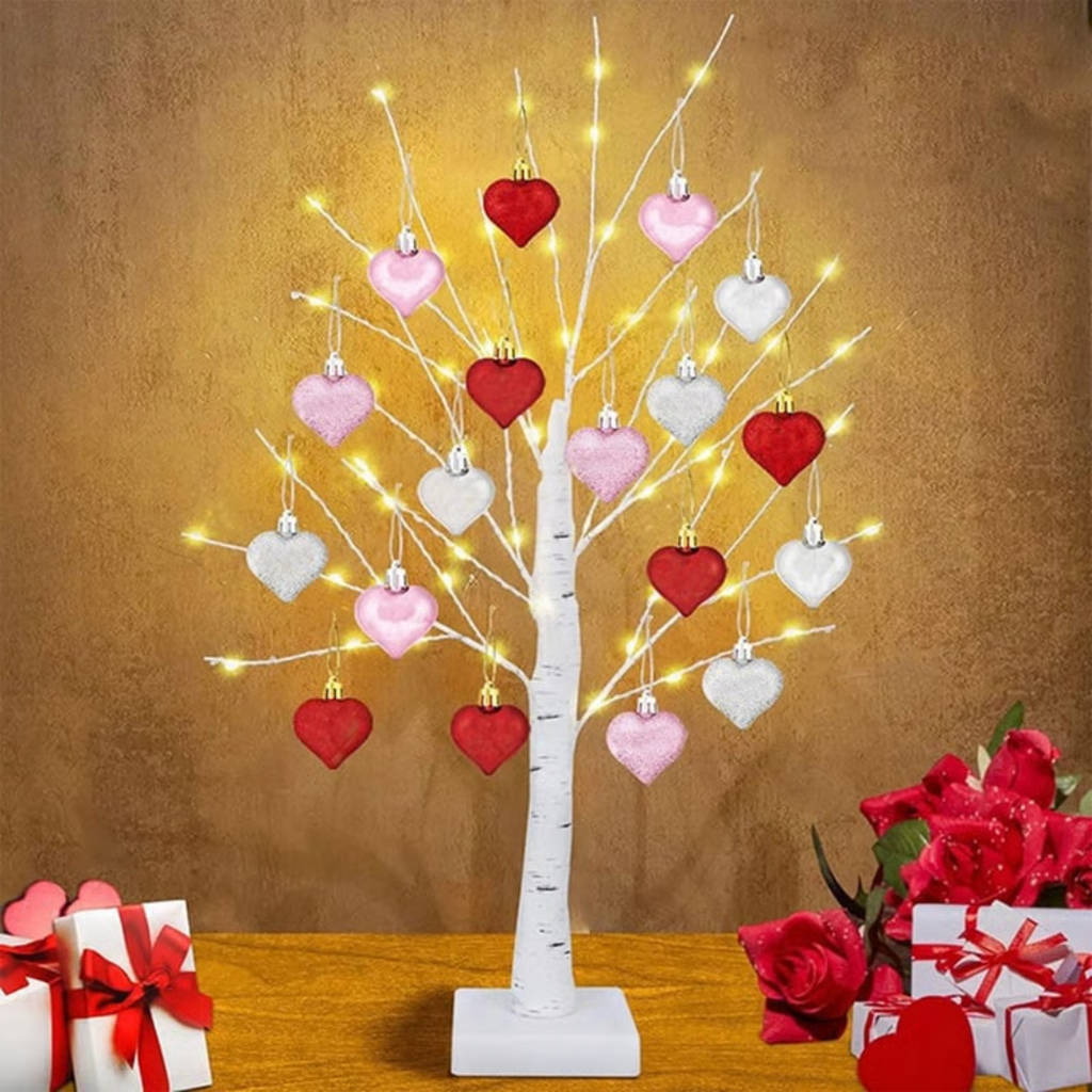 White LED birch tree with warm lights and mixed heart ornaments