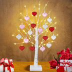 White LED birch tree with warm lights and mixed heart ornaments
