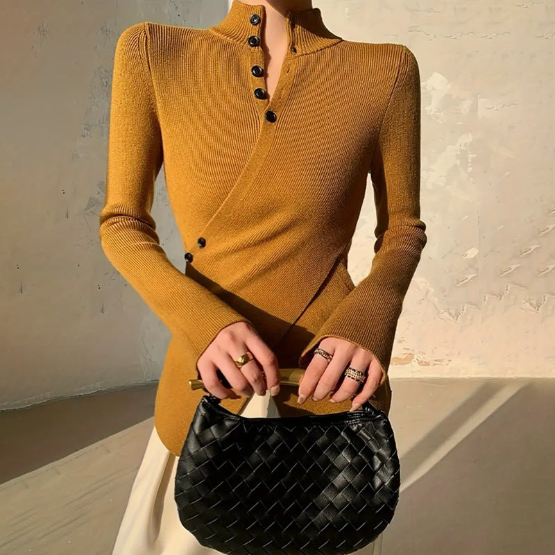 Vionelle | Women's Mock Neck Skivvy Wrap Jumper Asymmetrical Hem Button Detail Cosy Pullover-Women's Sweater-Black-S-Camoufit