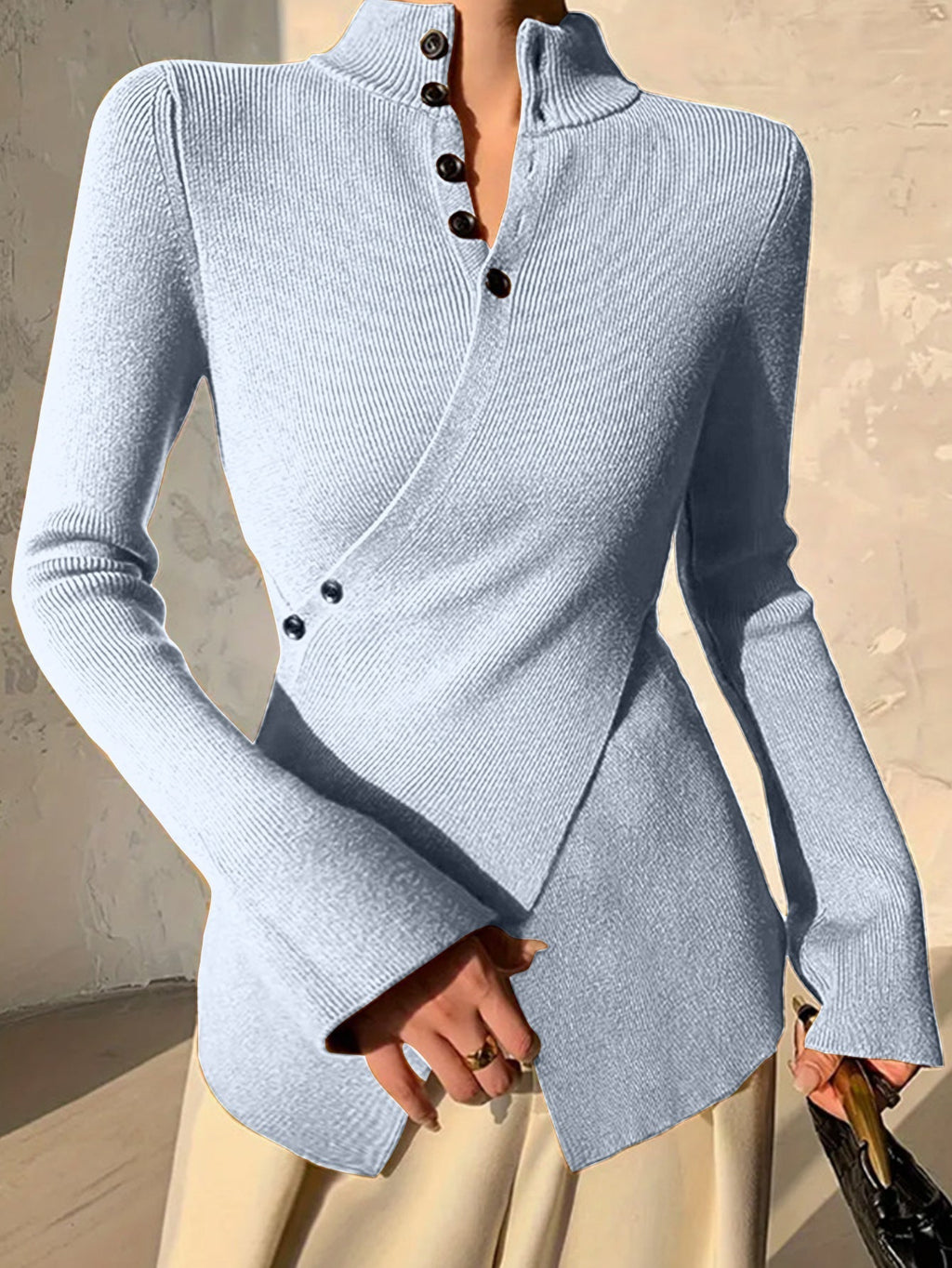 Vionelle | Women's Mock Neck Skivvy Wrap Jumper Asymmetrical Hem Button Detail Cosy Pullover-Women's Sweater-Light Blue-S-Camoufit