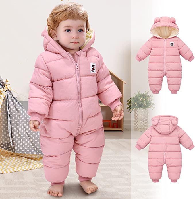 Pink hooded baby snowsuit romper with bear ears and zip front, elastic cuffs