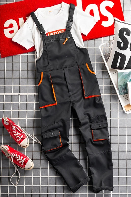 Caldor | Men's Cargo Bib Overalls with Zipper Pockets Adjustable Straps Workwear Dungarees-Men's Overalls-Black-S-
