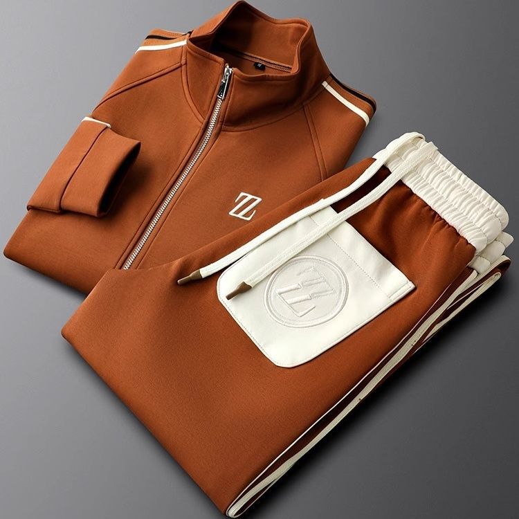 Men's Tracksuit Set – Zip Jacket Side Stripe Jogger Fit-Men's Tracksuit-Chestnut Brown-XS-