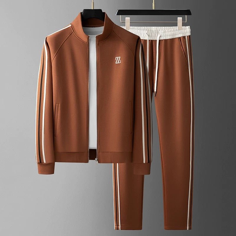 Men's Tracksuit Set – Zip Jacket Side Stripe Jogger Fit-Men's Tracksuit-Chestnut Brown-XS-
