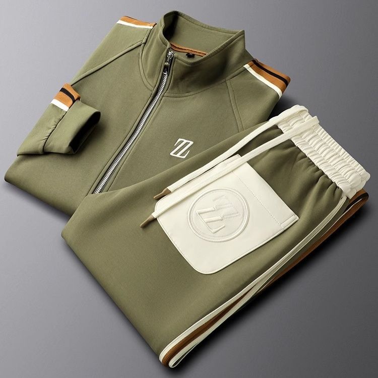 Men's Tracksuit Set – Zip Jacket Side Stripe Jogger Fit-Men's Tracksuit-Olive Green-XS-