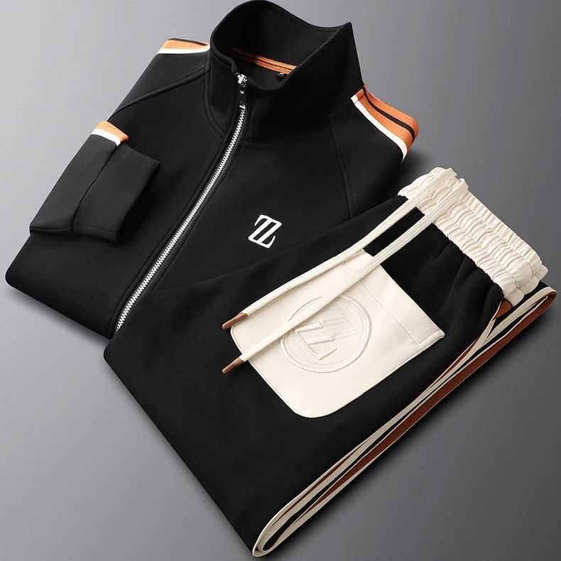 Men's Tracksuit Set – Zip Jacket Side Stripe Jogger Fit-Men's Tracksuit-Deep Black-XS-