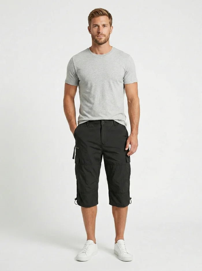 Men’s Below Knee Cotton Cargo Capris-Cargo Shorts-CAMOUFIT-Black-M-Camoufit