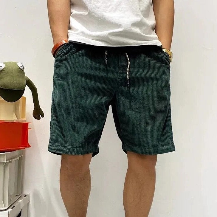 Men's Corduroy Shorts with Drawstring Waist Elastic Waistband Side Pockets Above Knee Length-Men's Shorts-Green-M-