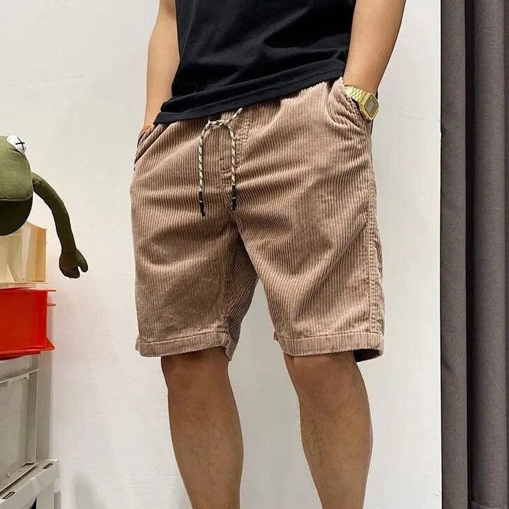 Men's Corduroy Shorts with Drawstring Waist Elastic Waistband Side Pockets Above Knee Length-Men's Shorts-Beige-M-