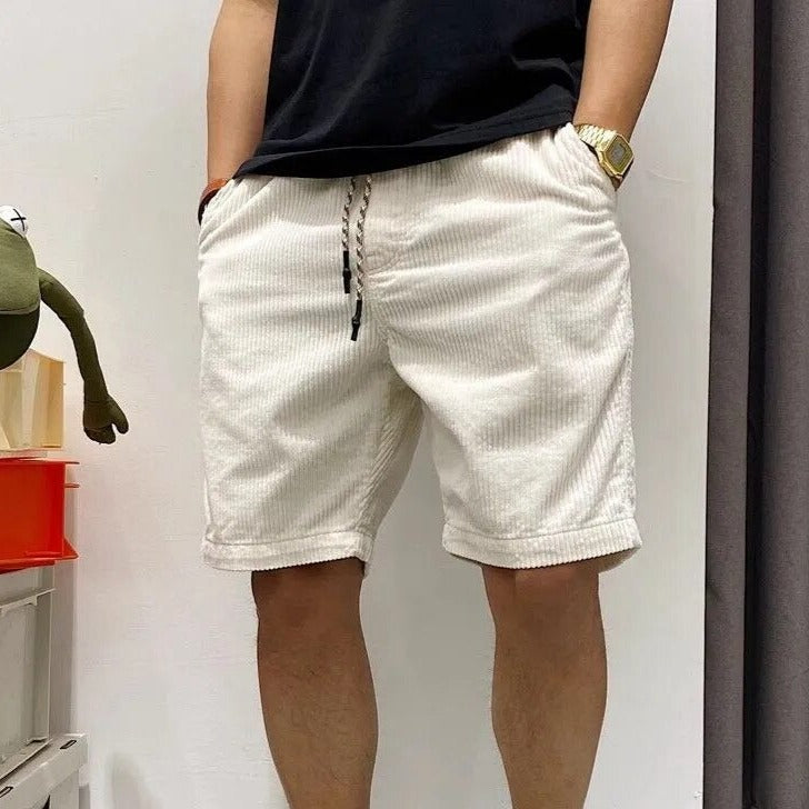 Men's Corduroy Shorts with Drawstring Waist Elastic Waistband Side Pockets Above Knee Length-Men's Shorts-White-M-