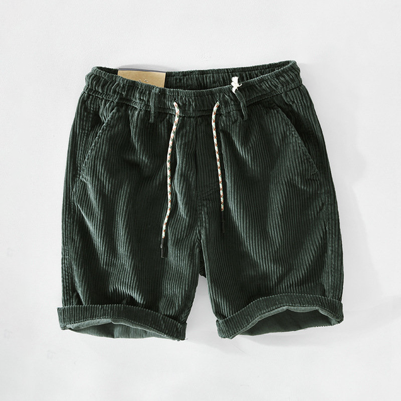 Men's Corduroy Shorts with Drawstring Waist Elastic Waistband Side Pockets Above Knee Length-Men's Shorts-Green-M-