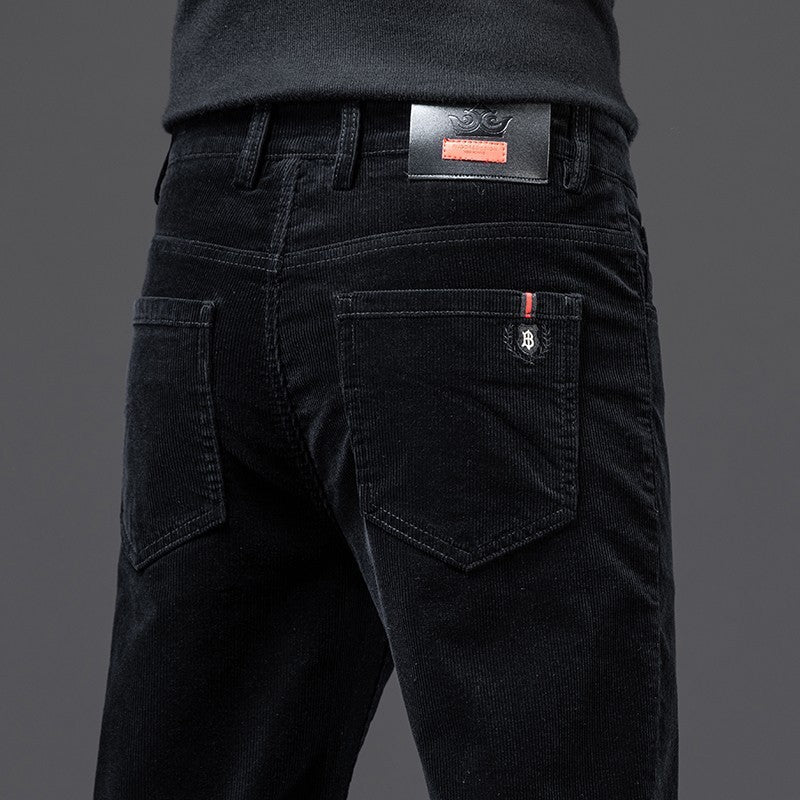 Luca Men's Corduroy Trousers – Slim Fit 5-Pocket Stretch Pants-Men's Corduroy Trousers-CAMOUFIT-Black-28-Camoufit