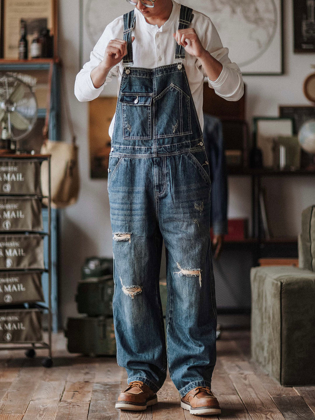 Men's Denim Overalls Distressed Blue Cotton 1