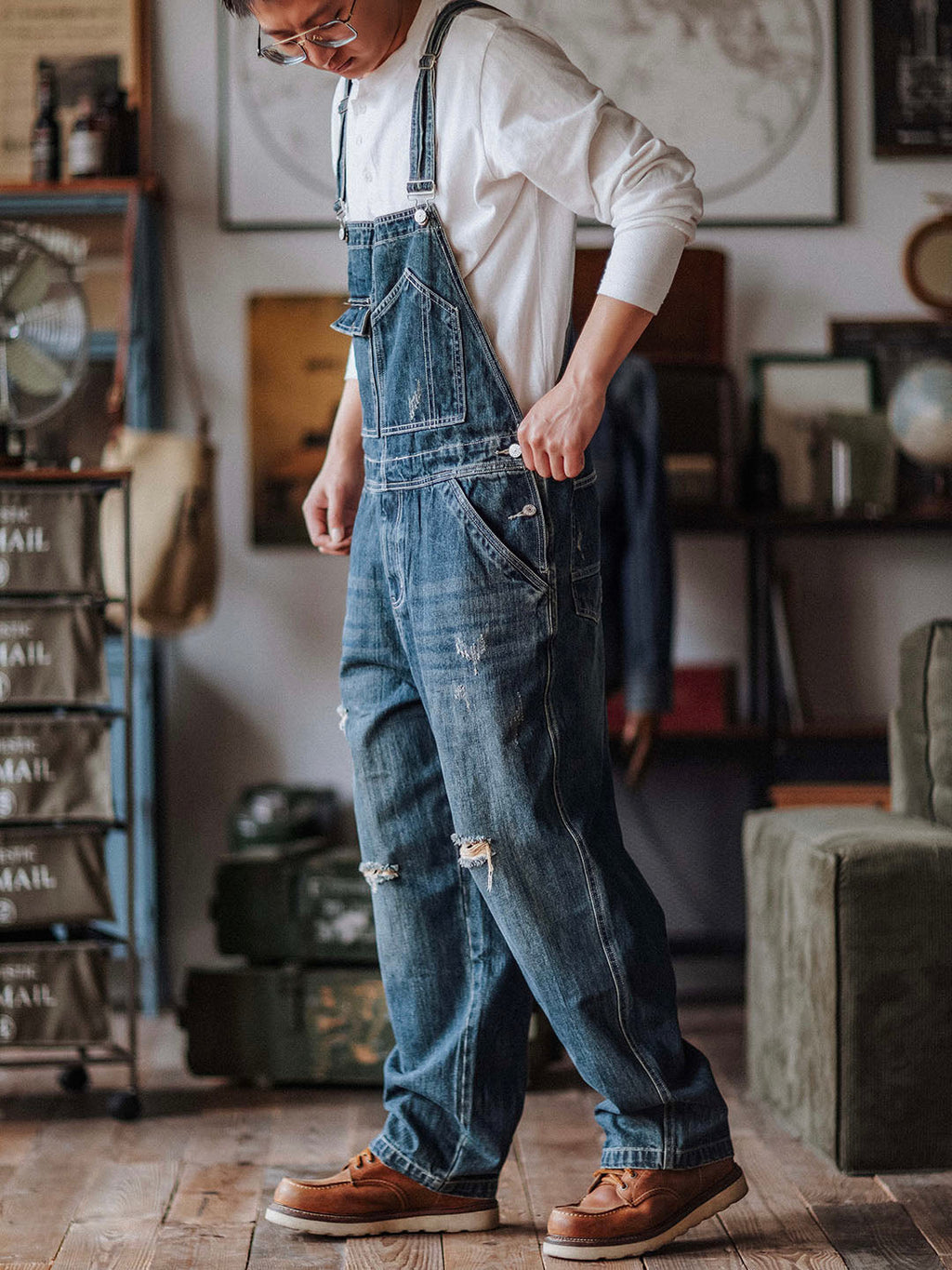 Men's Denim Overalls Distressed Blue Cotton 2
