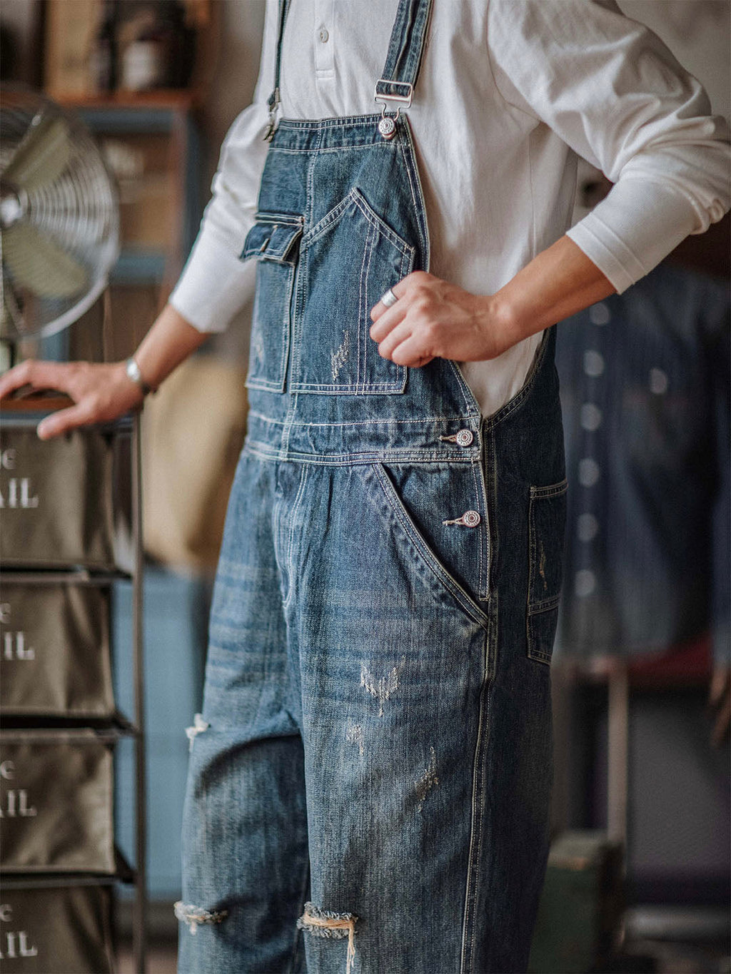 Men's Denim Overalls Distressed Blue Cotton 4