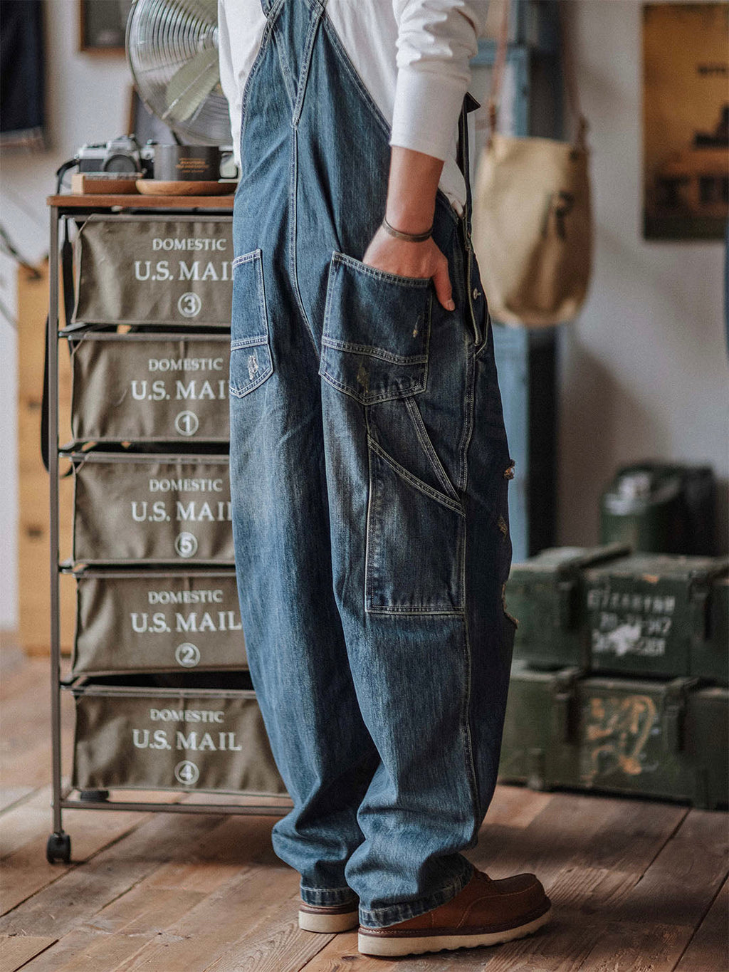 Men's Denim Overalls Distressed Blue Cotton 5