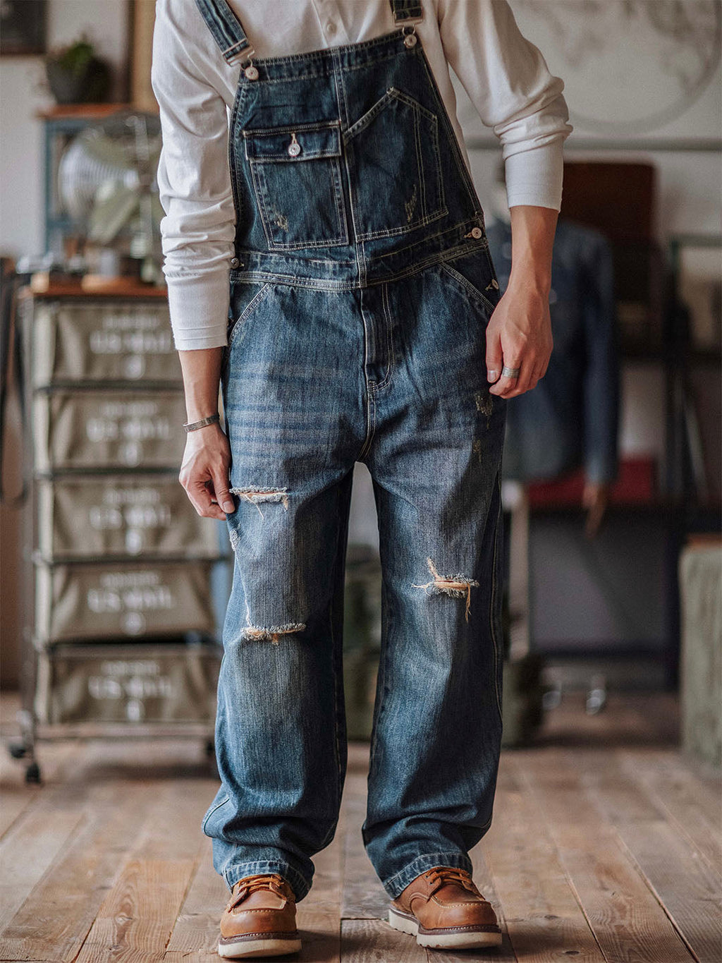 Men's Denim Overalls Distressed Blue Cotton 6