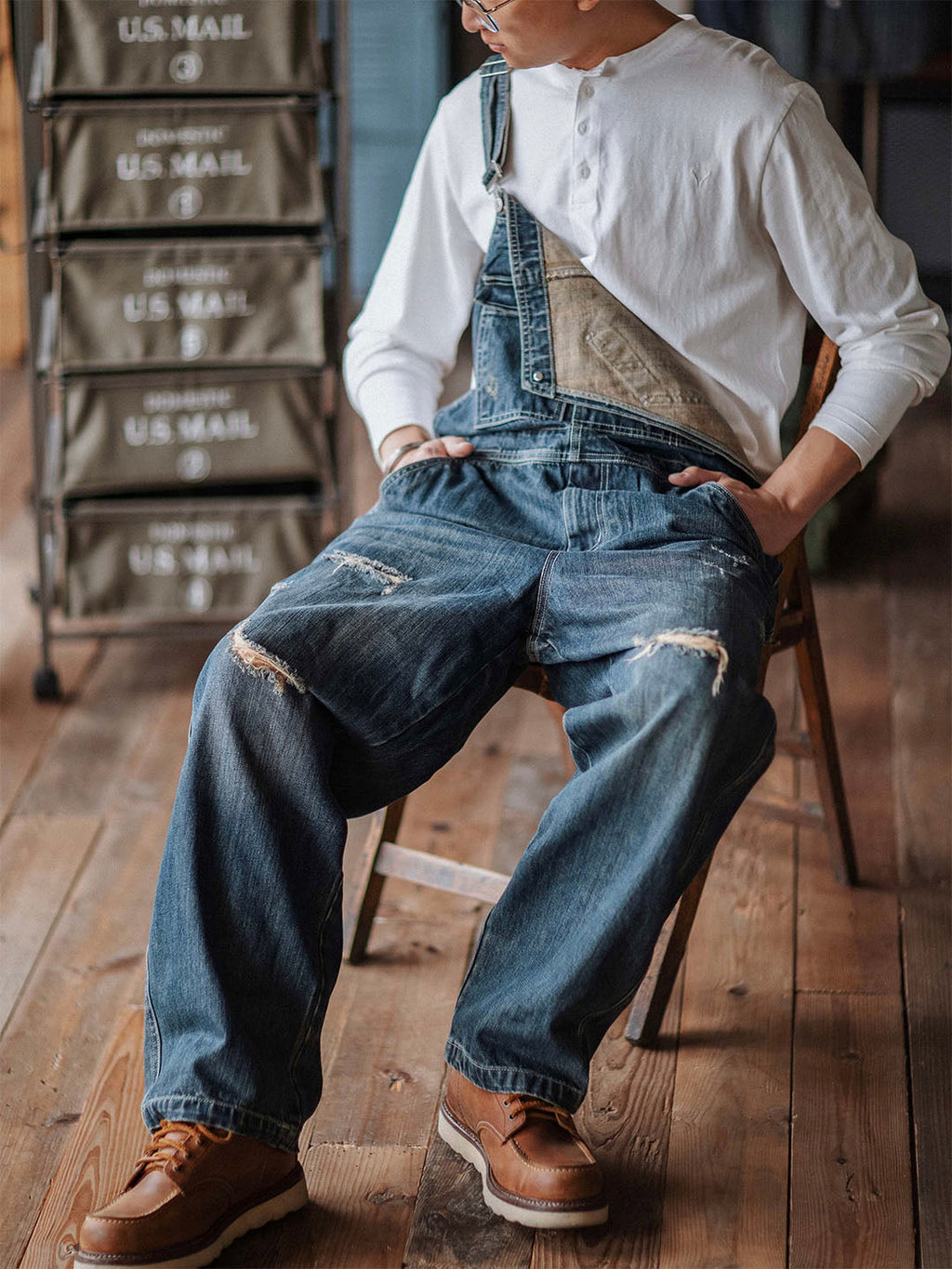 Men's Denim Overalls Distressed Blue Cotton 7