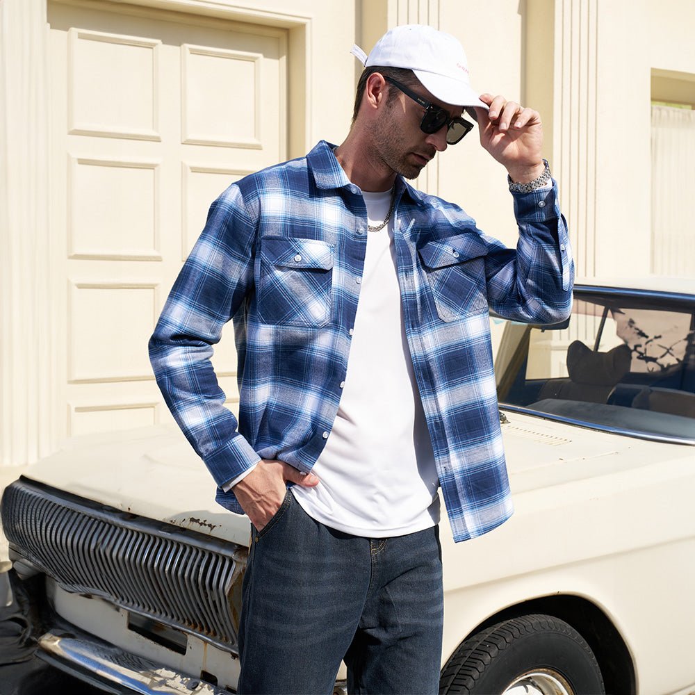 Ethan Men's Classic Cotton Plaid Flannel Shirt-Men's Flannel Jacket-CAMOUFIT-Blue White-S-Camoufit