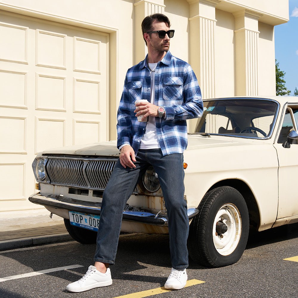 Ethan Men's Classic Cotton Plaid Flannel Shirt-Men's Flannel Jacket-CAMOUFIT-Blue White-S-Camoufit