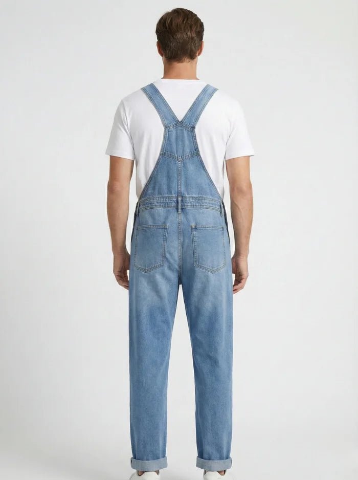 Men's Medium Wash Denim Bib Overalls-Jumpsuits & Overalls-CAMOUFIT-Medium Blue-S(Jeans 28)-Camoufit