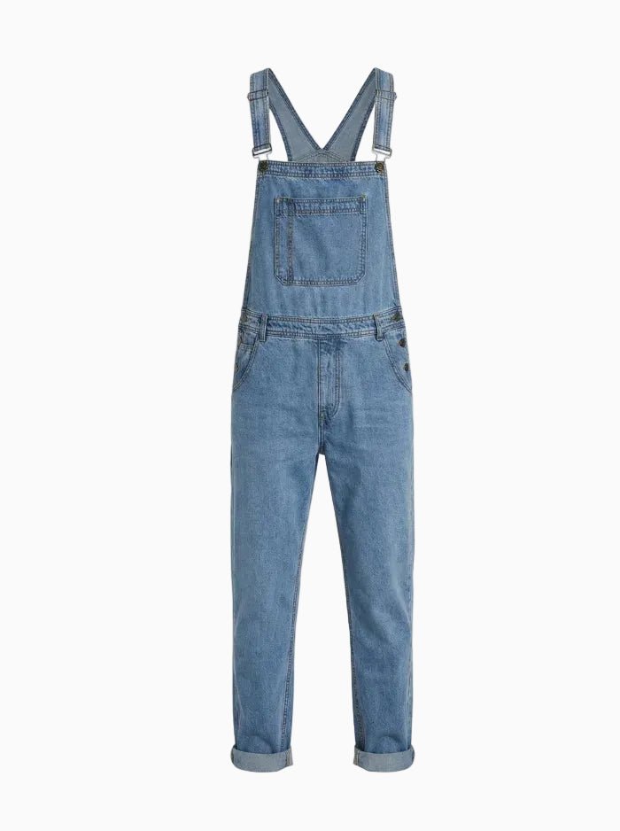 Men's Medium Wash Denim Bib Overalls-Jumpsuits & Overalls-CAMOUFIT-Medium Blue-S(Jeans 28)-Camoufit