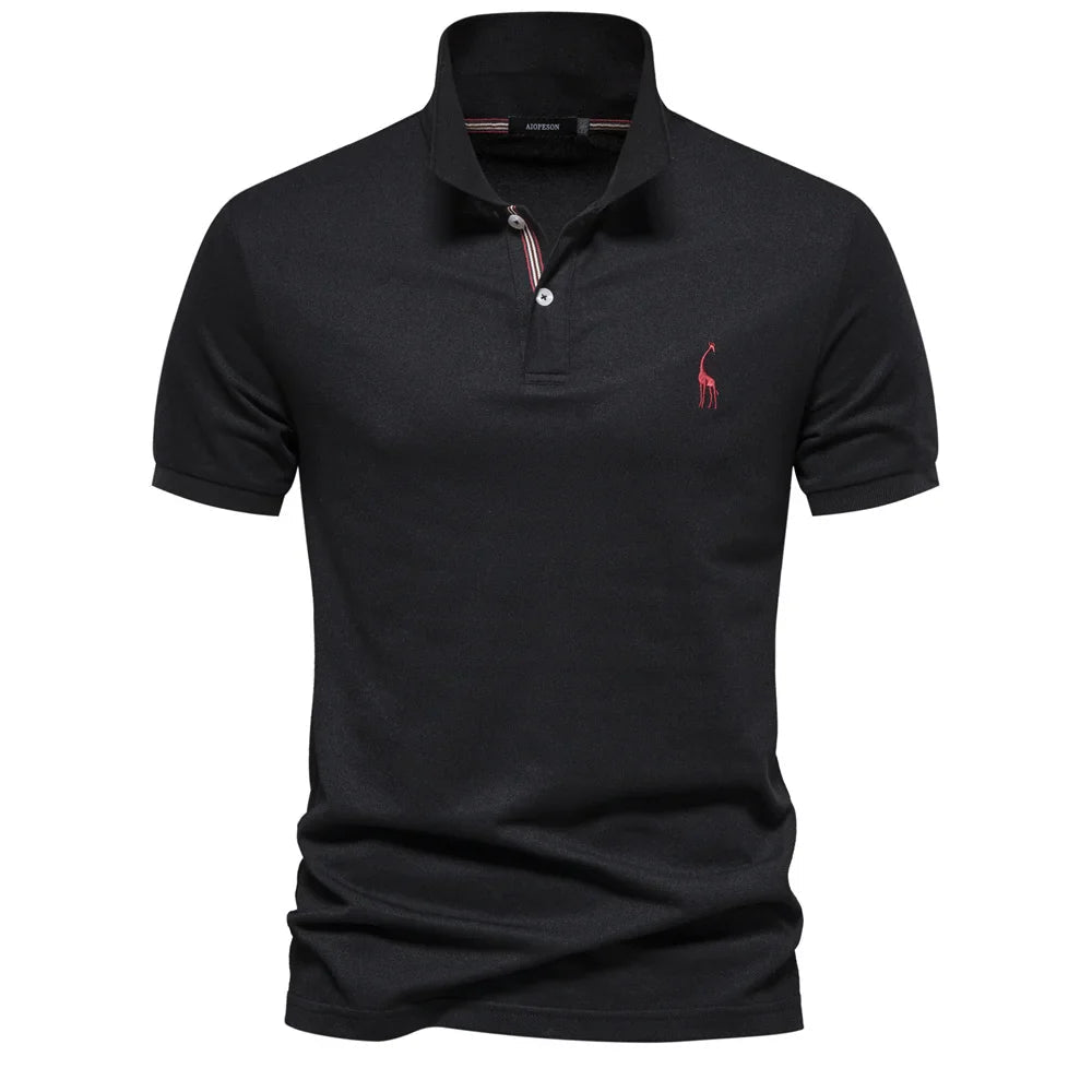 Men's Classic Polo Shirt with Button Placket Ribbed Cuffs Short Sleeves Top-Polo Shirt-Black-S-