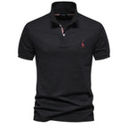 Men's Classic Polo Shirt with Button Placket Ribbed Cuffs Short Sleeves Top-Polo Shirt-Black-S-