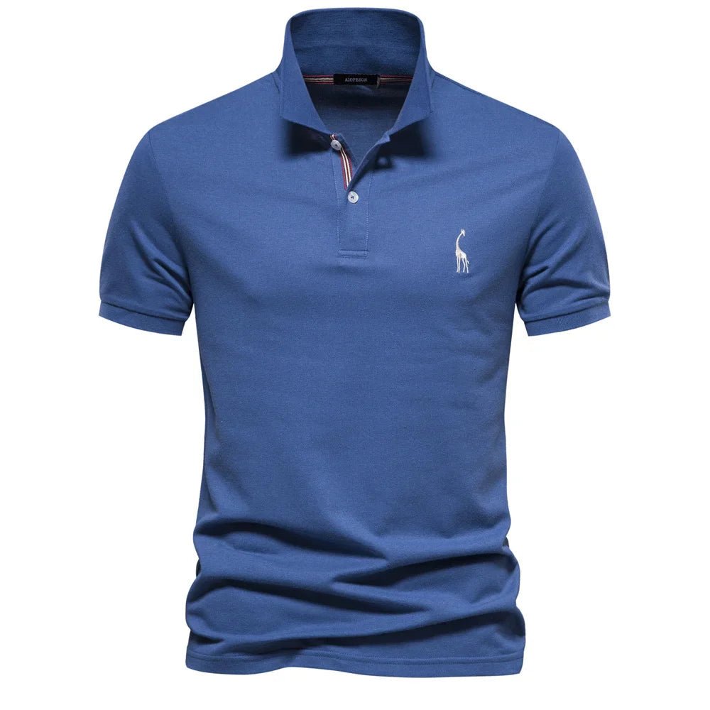 Men's Classic Polo Shirt with Button Placket Ribbed Cuffs Short Sleeves Top-Polo Shirt-Blue-S-