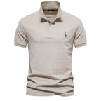 Men's Classic Polo Shirt with Button Placket Ribbed Cuffs Short Sleeves Top-Polo Shirt-Beige-S-