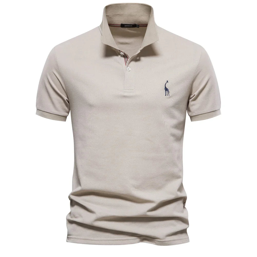 Men's Classic Polo Shirt with Button Placket Ribbed Cuffs Short Sleeves Top-Polo Shirt-Beige-S-