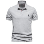 Men's Classic Polo Shirt with Button Placket Ribbed Cuffs Short Sleeves Top-Polo Shirt-Grey-S-