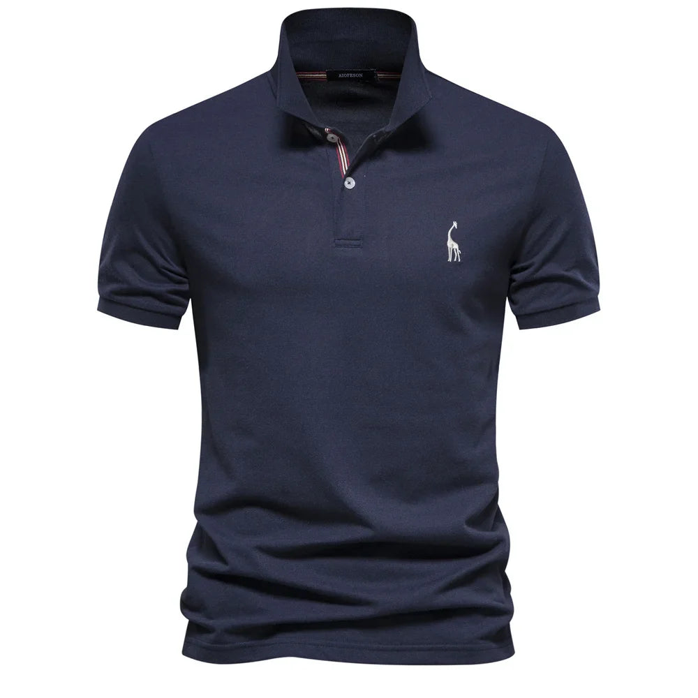 Men's Classic Polo Shirt with Button Placket Ribbed Cuffs Short Sleeves Top-Polo Shirt-Navy Blue-S-