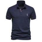 Men's Classic Polo Shirt with Button Placket Ribbed Cuffs Short Sleeves Top-Polo Shirt-Navy Blue-S-