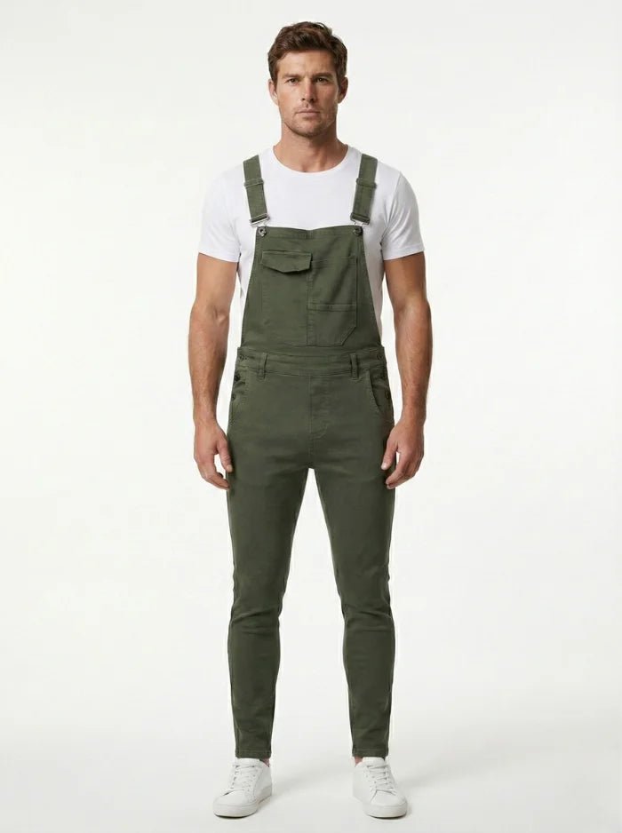 Men's Skinny Fit Flap Pocket Denim Overalls-Jumpsuits & Overalls-CAMOUFIT-Army Green-S-Camoufit