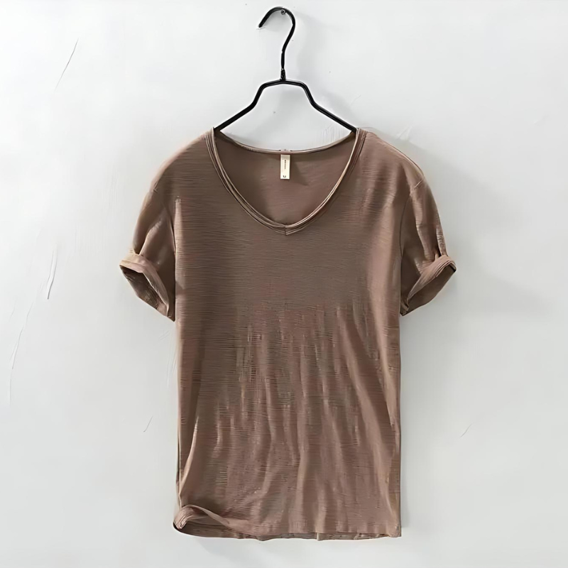Men's Classic V-Neck T-Shirt with Short Sleeves Slub Texture Straight Fit Everyday Tee-Men's T-shirt-Brown-S-