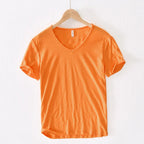 Men's Classic V-Neck T-Shirt with Short Sleeves Slub Texture Straight Fit Everyday Tee-Men's T-shirt-Orange-S-