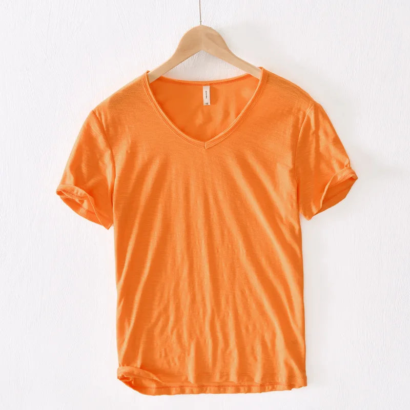 Men's Classic V-Neck T-Shirt with Short Sleeves Slub Texture Straight Fit Everyday Tee-Men's T-shirt-Orange-S-