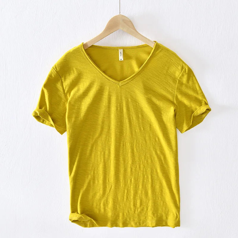 Men's Classic V-Neck T-Shirt with Short Sleeves Slub Texture Straight Fit Everyday Tee-Men's T-shirt-Yellow-S-