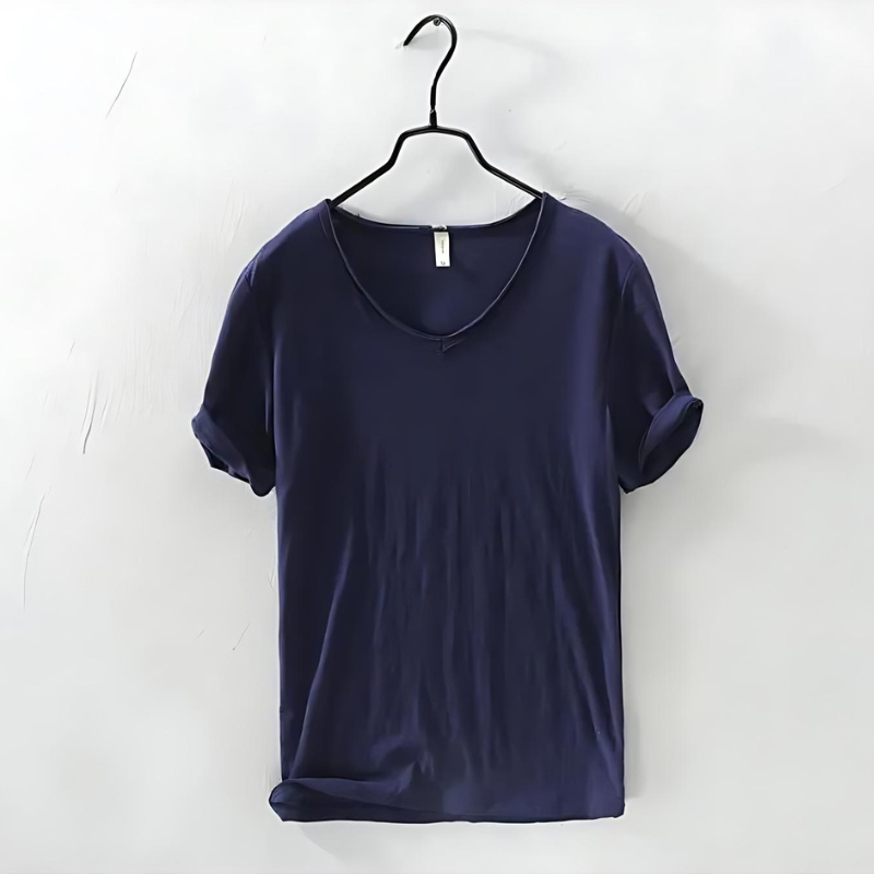 Men's Classic V-Neck T-Shirt with Short Sleeves Slub Texture Straight Fit Everyday Tee-Men's T-shirt-Navy Blue-S-