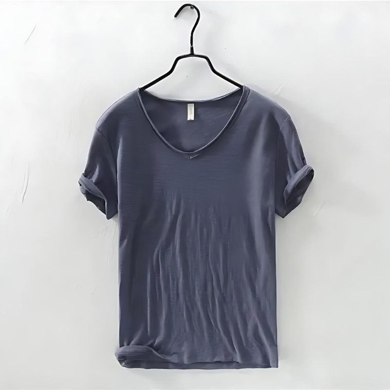 Men's Classic V-Neck T-Shirt with Short Sleeves Slub Texture Straight Fit Everyday Tee-Men's T-shirt-Blue-S-