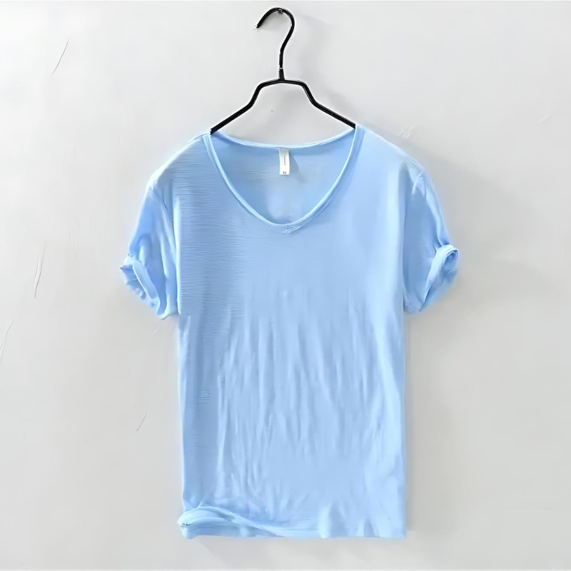 Men's Classic V-Neck T-Shirt with Short Sleeves Slub Texture Straight Fit Everyday Tee-Men's T-shirt-Sky Blue-S-