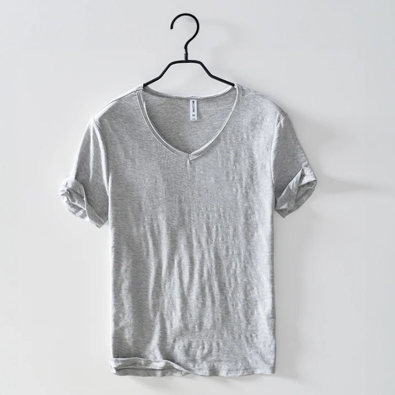 Men's Classic V-Neck T-Shirt with Short Sleeves Slub Texture Straight Fit Everyday Tee-Men's T-shirt-Grey-S-