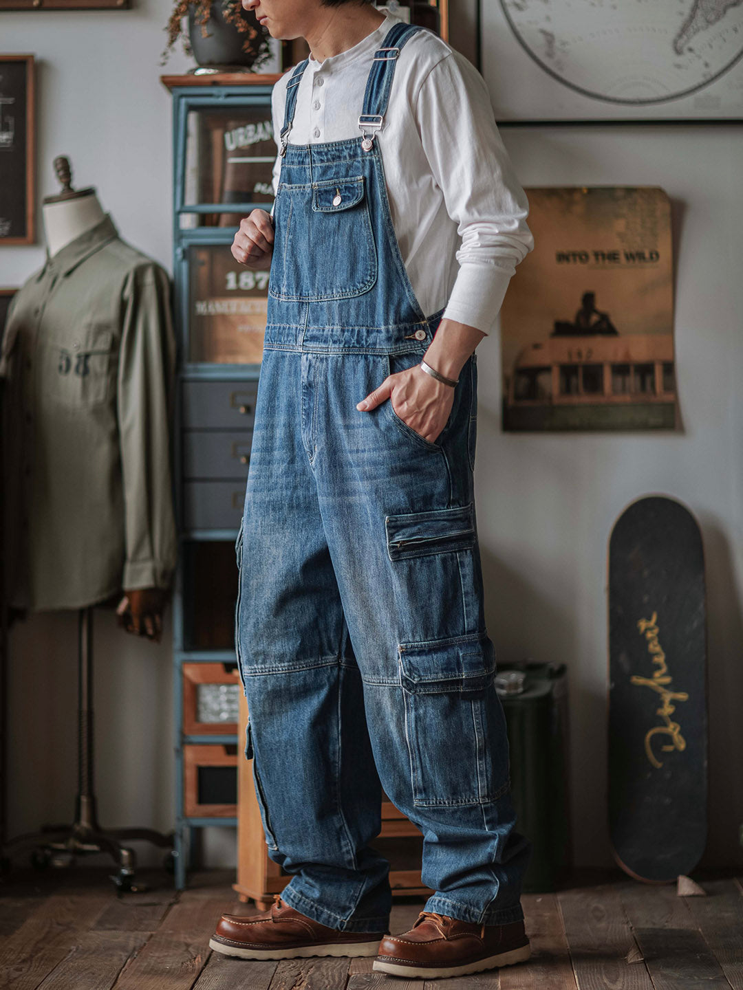 Men's Denim Bib Overalls with Dual Flap Pockets-Jumpsuits & Overalls-CAMOUFIT-Camoufit